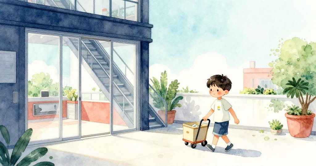 Leo與推車同行穿越明亮走廊，貨梯在滑門後上升，溫柔陽光灑落，展現決心與期待