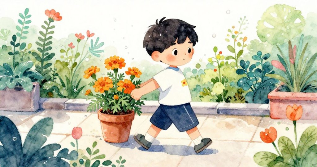 Leo在屋頂花園中穩步動作推著花盆，雨露閃爍於瓷磚上，周圍草本植物充滿生機，動感明亮