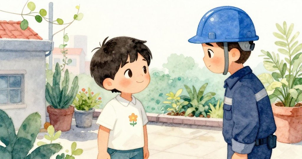 Leo在屋頂花園中向工人點頭告別，笑容溫暖，陽光灑在綠意花草間，展現滿足與感激情懷