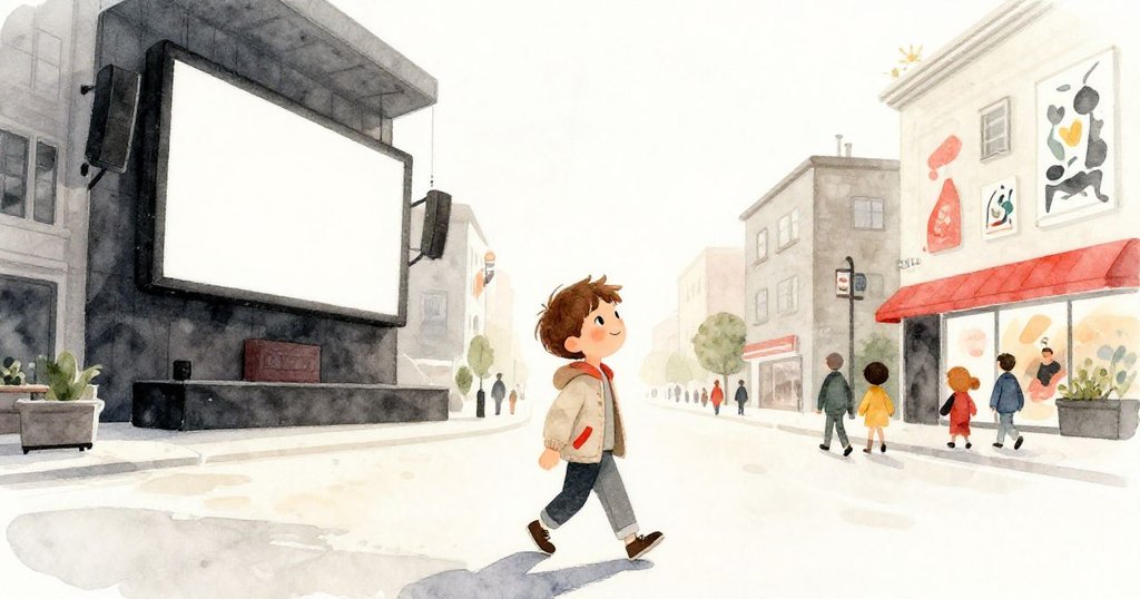 Tom 穿著輕便外套走向電影院，晨光映照城市街道，明亮海報和溫暖光線營造出希望氣氛