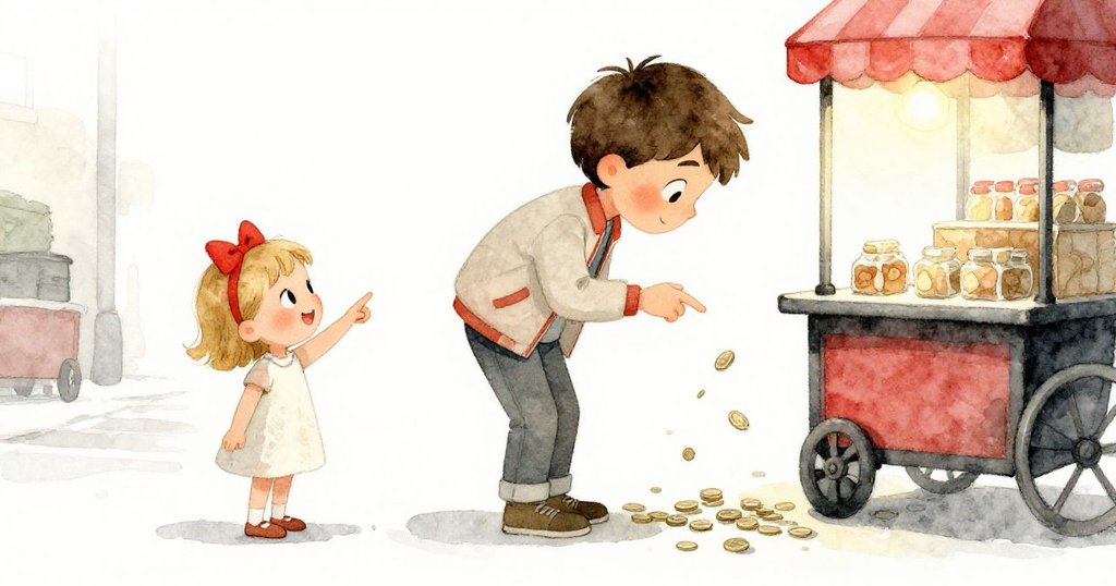 Tom 正彎身撿硬幣，小女孩滿臉驚喜指向角落的小吃車，情景分鏡展現互動情感與都市風情