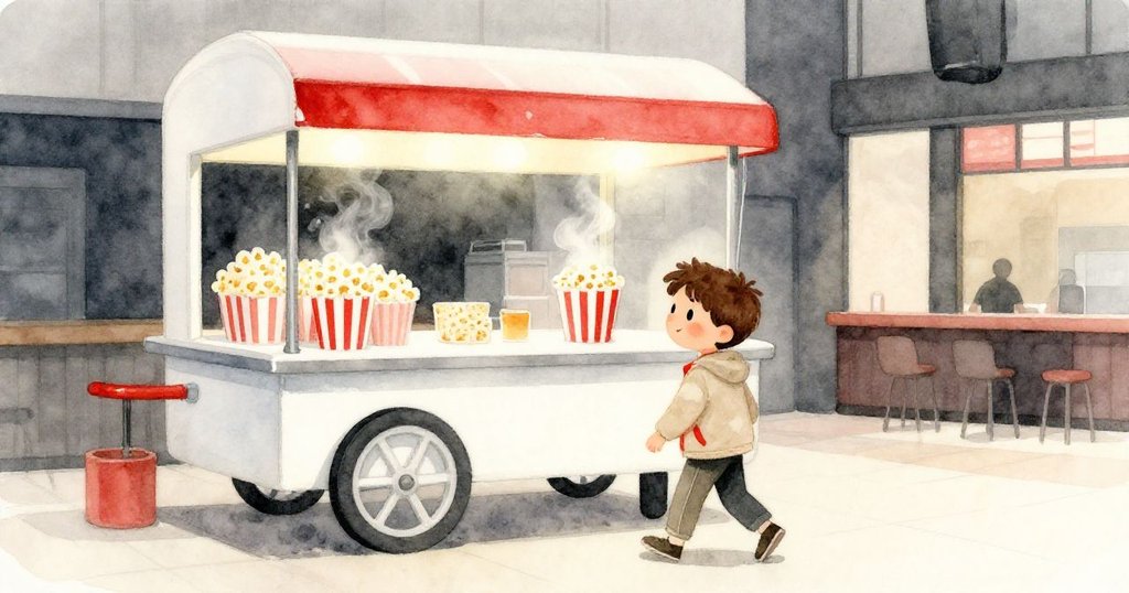 Tom 朝著小吃車走去，冒著熱氣的爆米花持續彈跳，環境充滿暖意與都市活力，時光流轉