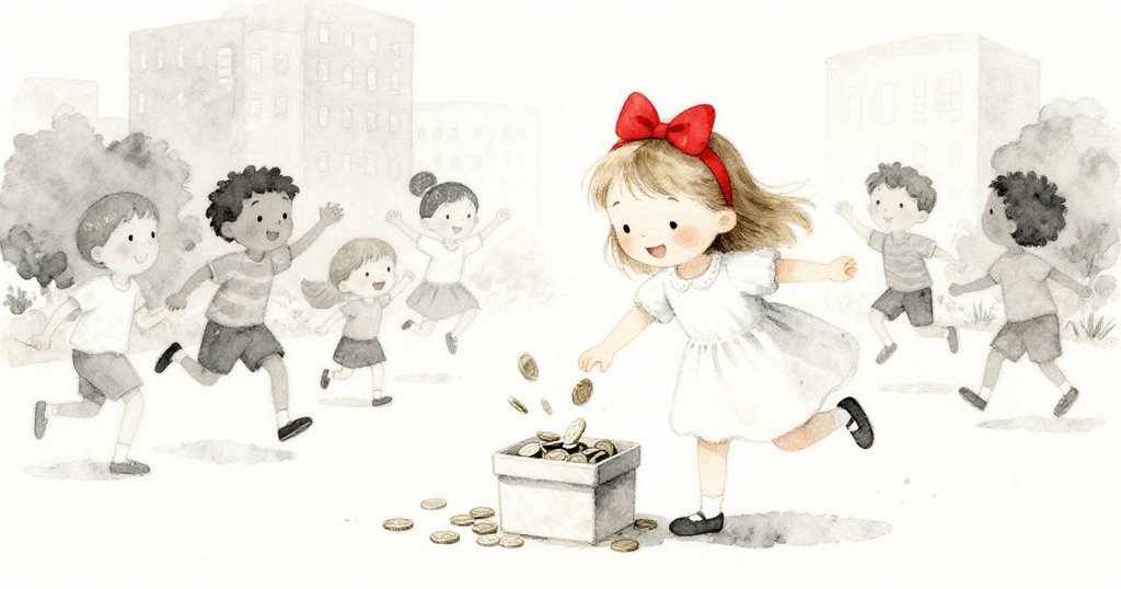 小女孩快速將硬幣滑入盒中，旁邊朋友快樂跳躍，充滿都市活力與動感，展現場景發展高潮