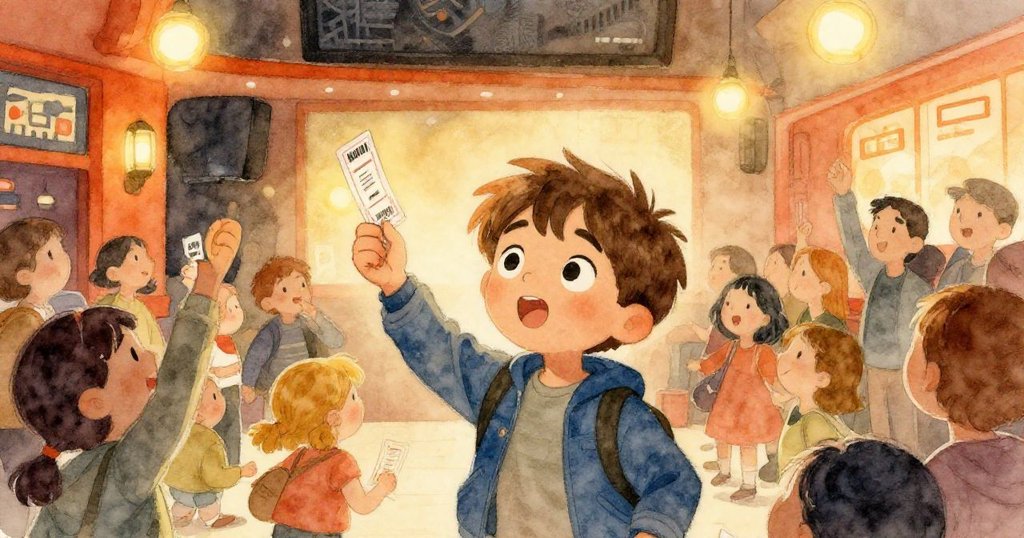 米洛手持閃亮票券在擁擠的電影院大廳中穿梭，背景燈光溫暖，人群熙熙攘攘展現冒險期待