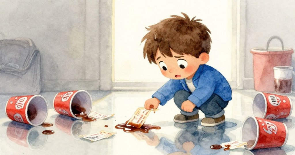 米洛彎腰撿回沾滿汽水的票券，玻璃反射出他的身影與散落杯子，充滿意外與緊張情緒