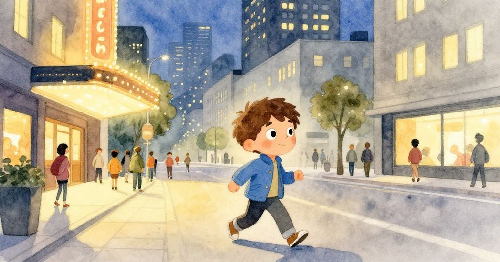 米洛走出電影院外迎接涼爽夜風，背景是充滿現代氣息的城市街道與電影院外觀，展現勇敢冒險精神