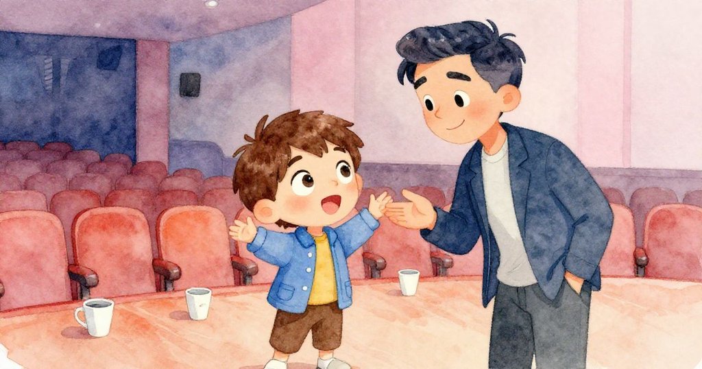 米洛與電影導演在電影院內熱情交流，導演感謝米洛清理杯子，兩人臉上帶著溫暖微笑，展現友善互動