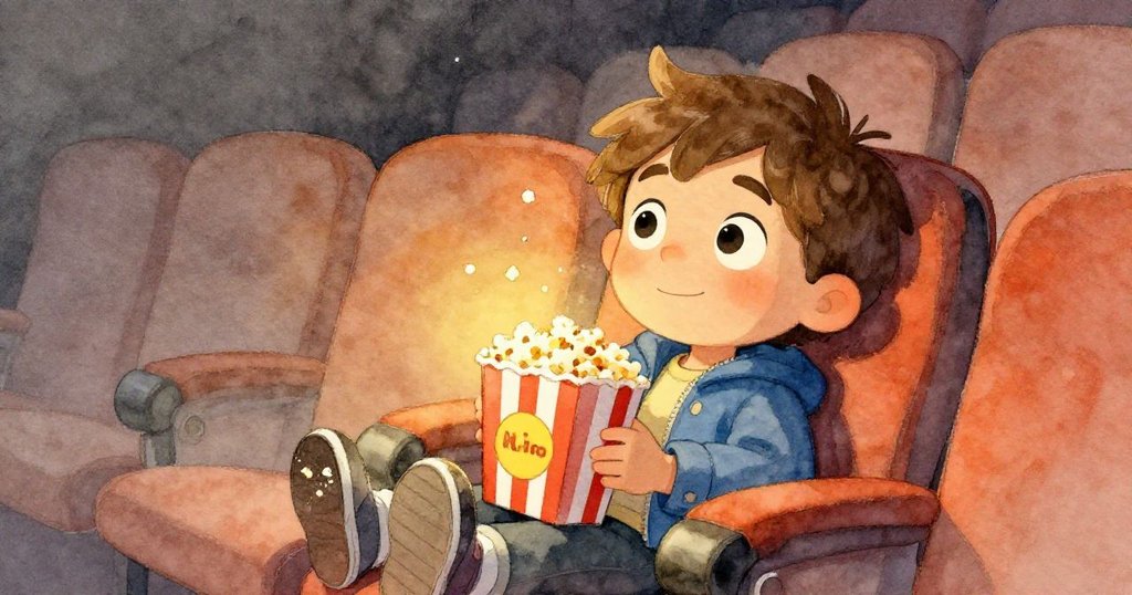 米洛在電影院後排座位上安然入睡，臉上帶著平和微笑，鞋上留有爆米花粉塵，映襯著柔和燈光與寧靜氣氛