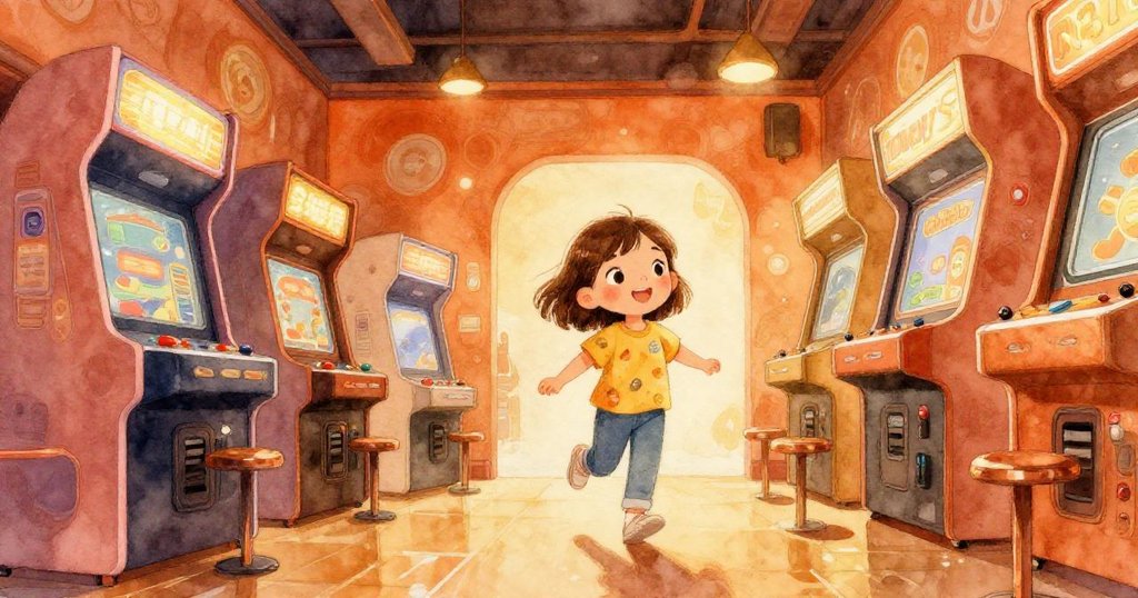 Mia走入閃爍霓虹燈的遊戲廳，興奮地打開玻璃門，背景展示熱情的燈光與璀璨機台，氣氛充滿期待。