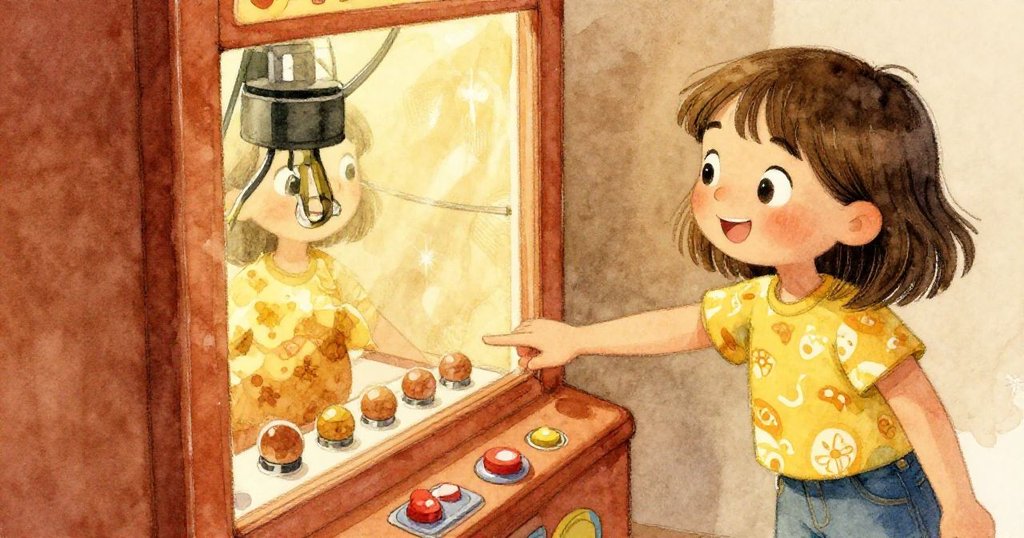 Mia興奮地拍打亮著的按鈕，手部動作清晰可見，玻璃內的夾子正在動作，畫面充滿期待與微妙失落。