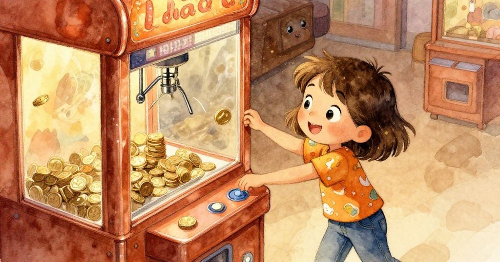 Mia將硬幣滑入機台插槽，機台內閃爍的光芒和轉動的夾子展現出快樂活潑的氛圍。