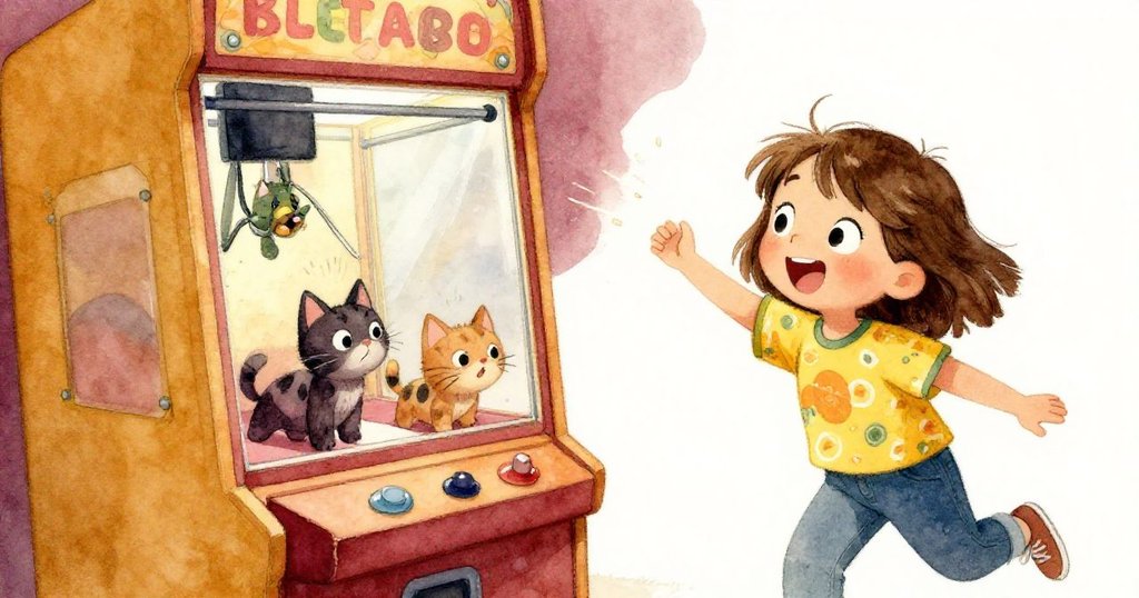 Mia驚訝地注視著夾娃娃機內兩隻貓玩具同時出現，畫面中動感十足，充滿驚喜與活力。