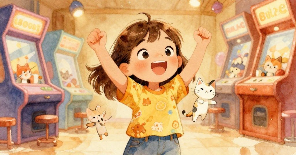 Mia滿臉喜悅地舉起兩隻小貓玩具，臉部細節清晰可見，背景中隱約顯示遊戲廳溫暖燈光，結尾充滿勝利感。