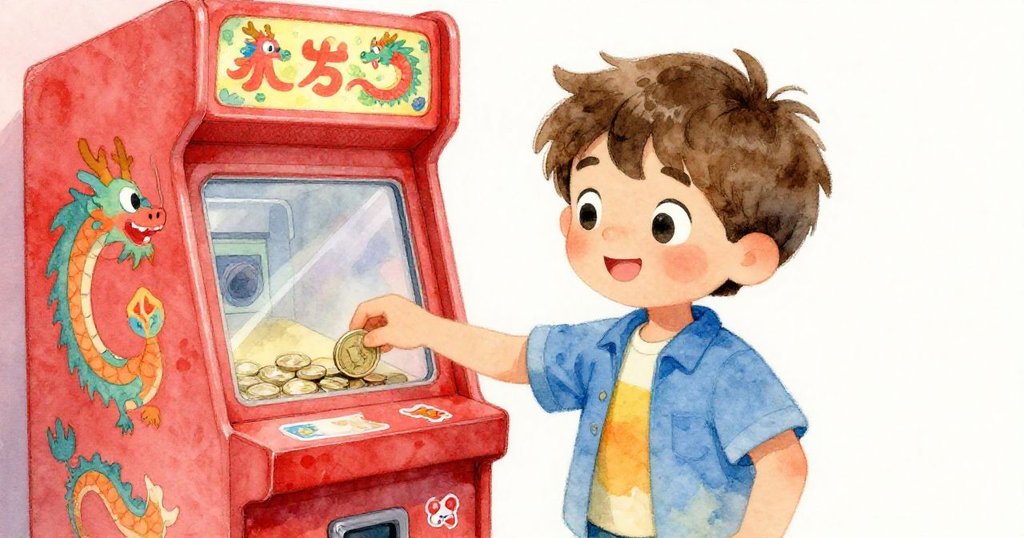 Ryan 注視著巨龍圖案的遊戲機，投下硬幣，表情充滿興奮與好奇，展現冒險開始的瞬間