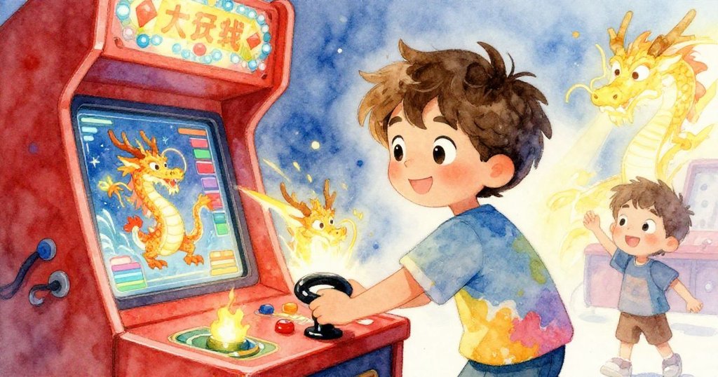 專注操作極限關卡，Ryan 駕駛機台躲避數碼龍形障礙，眼神堅定情緒激昂展現奮鬥精神