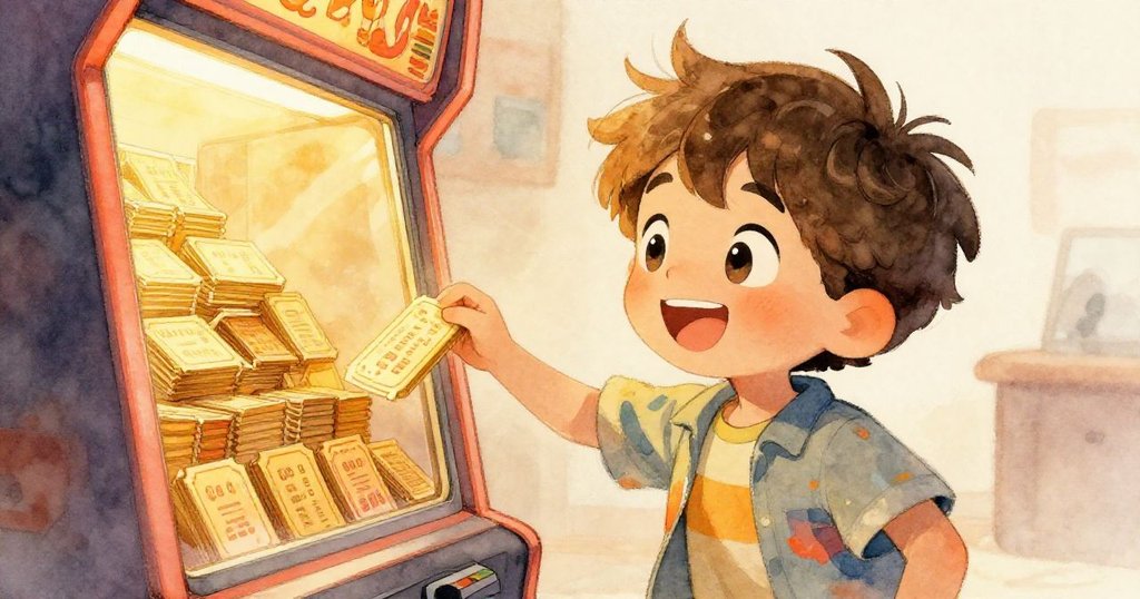 遊戲機吐出整齊金票，Ryan 快樂收集金票，臉上洋溢滿足笑容，象徵冒險成功與成長