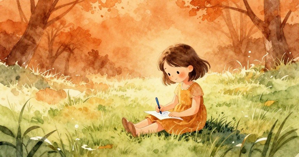 Lena坐在綠草地上專心書寫藍色文字，環境充滿陽光和花香，展現寧靜開始與期待的心情。