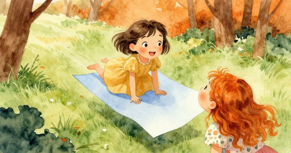 藍色紙條在微風吹拂下飛揚，Lena和姊妹仰望著天空，驚喜表情映襯著低垂樹枝和清新大自然景致。