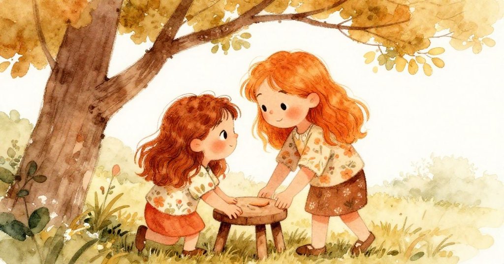 姊妹細心搬動小凳子放至低垂樹枝下，展示出家庭互助與精心布置的溫馨戶外場景。