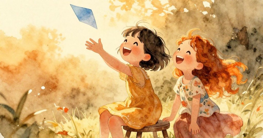 Lena和姊妹站在小凳子上開心地伸手接住飄揚的紙條，臉上露出燦爛笑容，充滿歡樂與驚喜的動作。