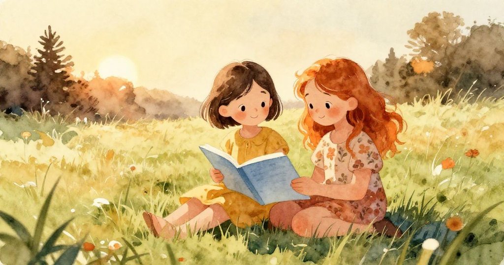 Lena和姊妹坐在綠草地上共同閱讀飄來紙條，在柔和夕陽照耀下展現寧靜溫暖，故事畫下完美句點。