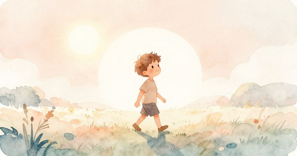 雷奧在明亮日光下行走於柔軟大地，身影與溫暖背景交織，展現出充滿期待與活力的情景。