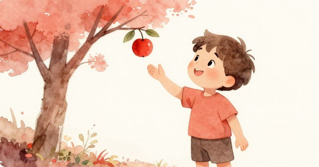 雷奧伸手靠近低掛樹枝上閃耀紅果，神情好奇而專注，背景呈現溫柔日光灑落的自然景致。