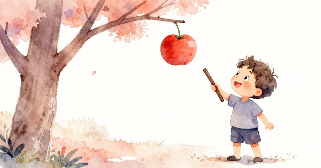 雷奧拿著粗木棒輕敲樹枝，紅果在半空中搖擺，瞬間展現出專注與探索的緊湊情景。