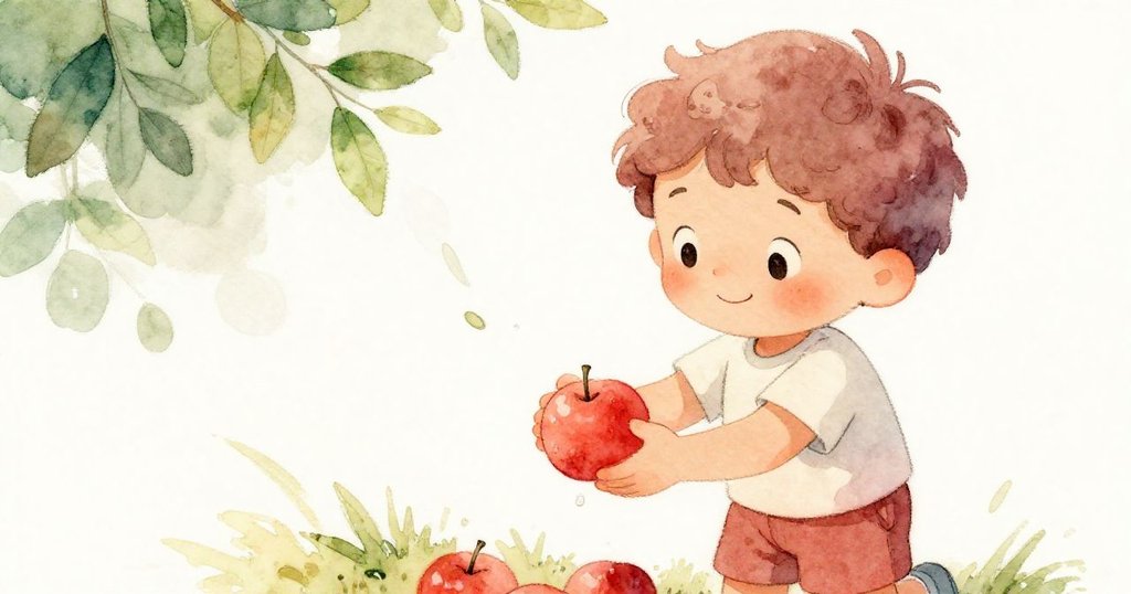 雷奧溫柔拾起紅果，臉上流露喜悅，綠葉輕搖中散發出大自然友善陪伴的溫馨景致。