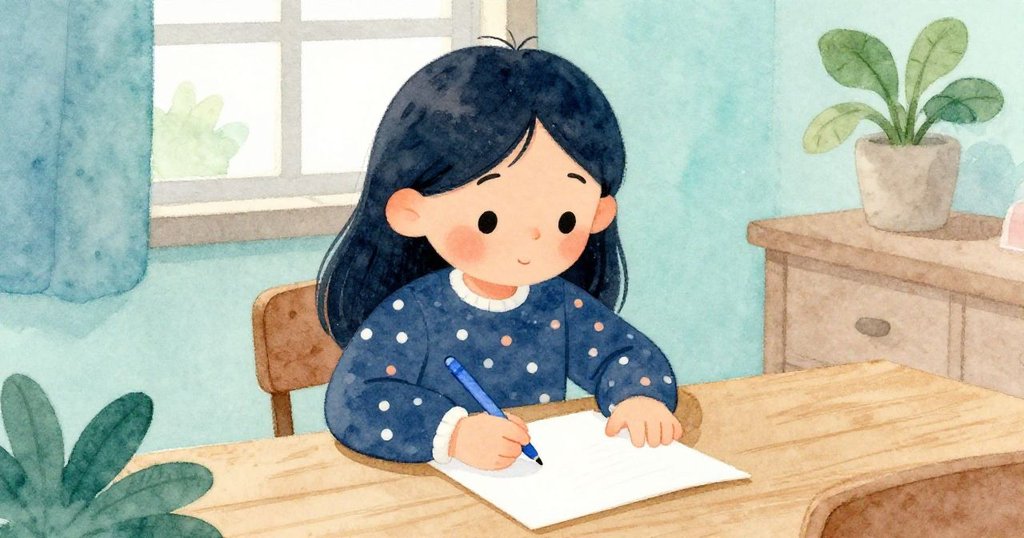 米拉坐在溫馨房間的書桌前，手持藍色筆注視空白畫紙，神情期待，開啟創作旅程。