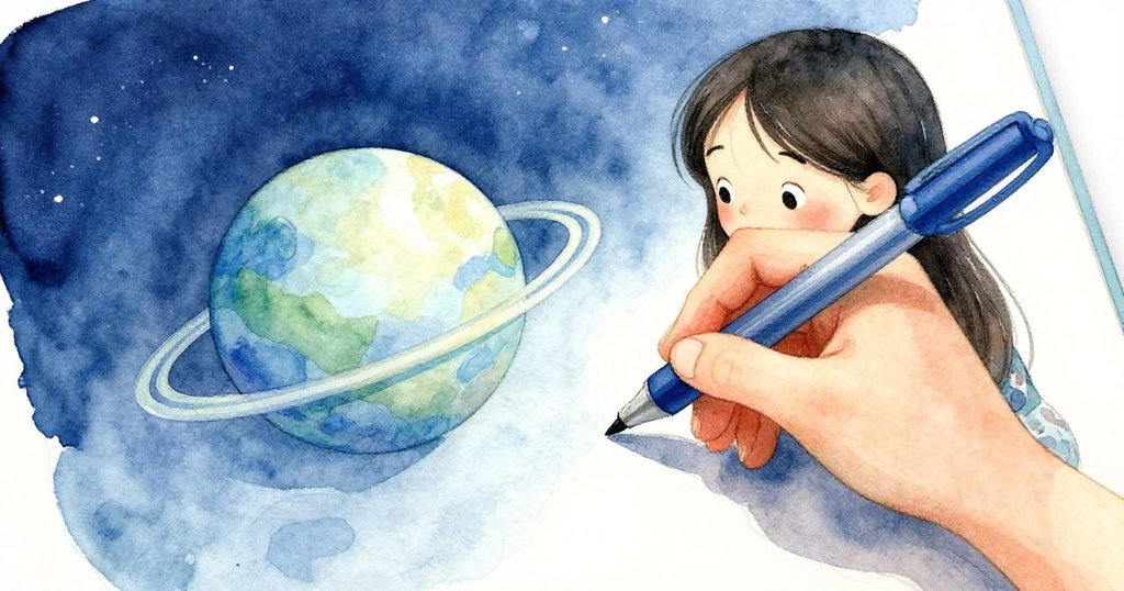 米拉用藍色筆細緻勾勒圓形行星與環繞細環，紙上夢幻漩渦呈現創意象徵，專注投入繪製。