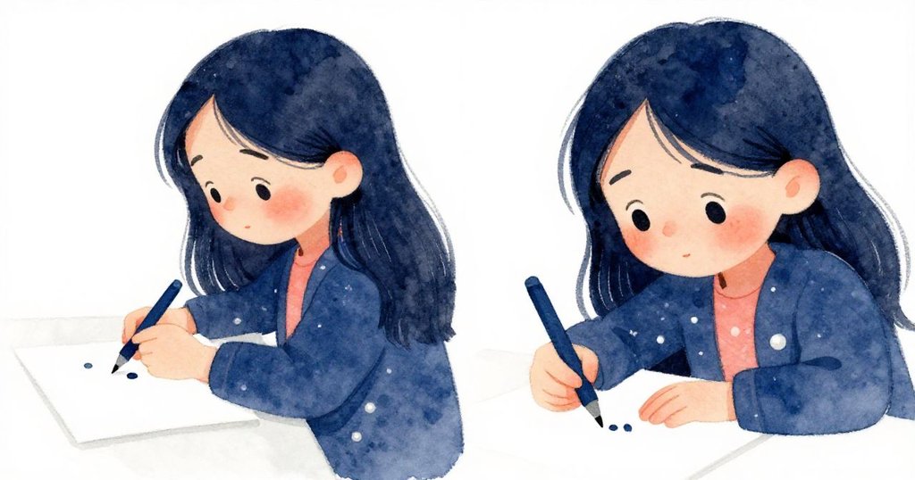 米拉發現藍色筆停墨，紙上僅留點點痕跡，她用力敲打筆身，神情驚訝帶些失落，情節轉折展現。