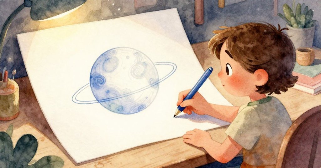 從高處俯視米拉書桌，展示藍色筆與備用綠筆並陳放於未完成畫作上，環境整齊而富創意。