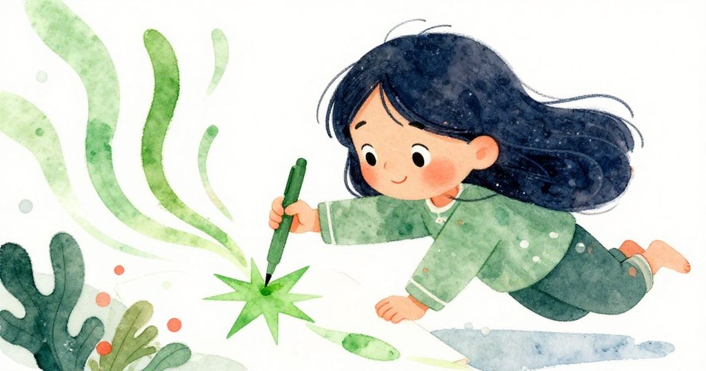 米拉喜悅揮動備用綠筆，綠色墨水迅速繪出銳利星形，她神情活潑，突破創作困境情節上升。