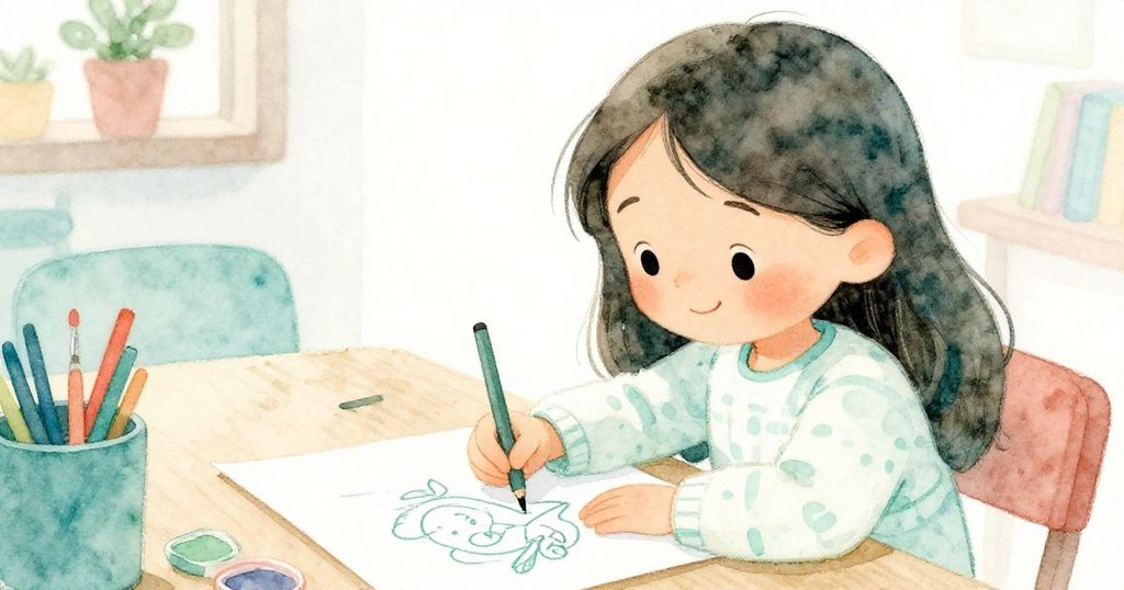 米拉靜靜欣賞完成的畫作，臉上露出滿足微笑，光線柔和映出創作過程圓滿結果，寧靜溫馨。