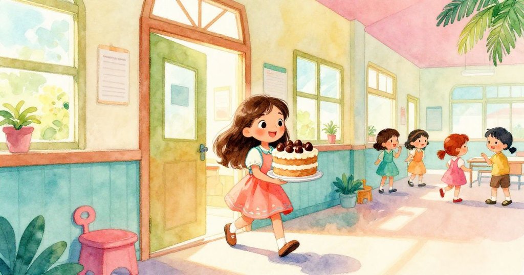 艾瑪拿著裝飾著巧克力捲的大蛋糕,快步通過明亮的教室入口,神情充滿期待和活力,背景溫暖而充滿色彩。