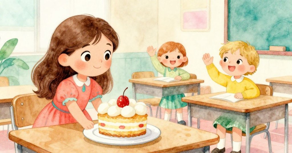 艾瑪走進充滿活力的教室,桌上閃亮的盤子靜靜等待,同學從座位上揮手致意,氛圍温馨。