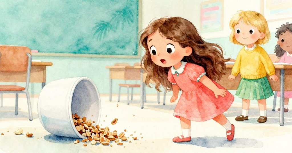 盤子突然傾斜,碎屑灑落在明亮的地板上,艾瑪露出驚訝表情停住腳步,同學依然熱情揮手,視角俏皮。