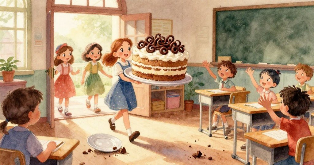 隨著輕微的爆裂聲,蛋糕開始搖晃,一隻隱藏的氣球緩緩上升,小點四散飛舞,窗外春光明媚,氣氛頗具魔幻感。