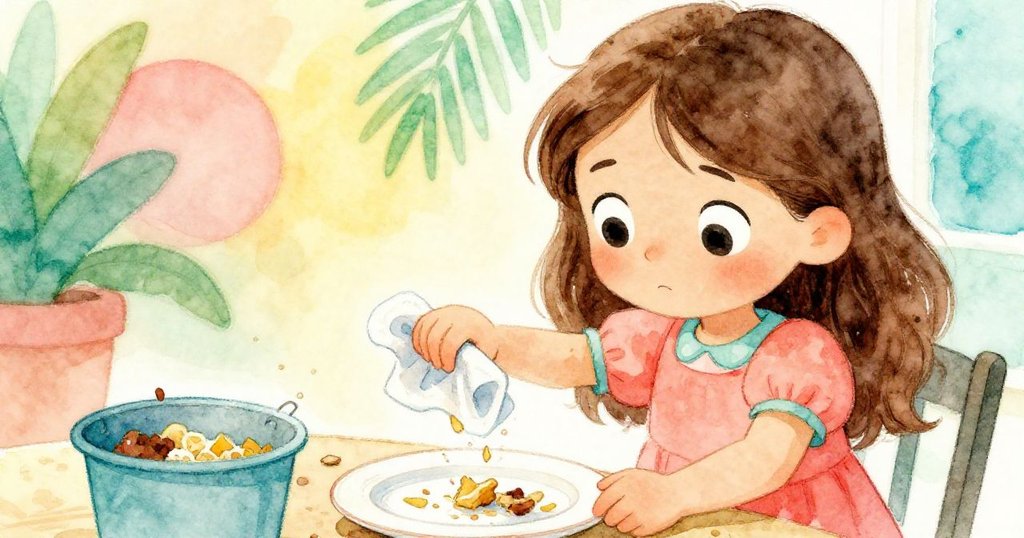 艾瑪專注地用乾淨的布快速擦拭弄髒的盤子,碎屑順著盤邊滑進垃圾桶,她神情堅定充滿解決問題的決心。