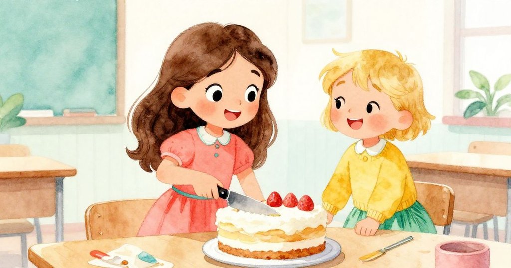 艾瑪將恢復光澤的大蛋糕切片,並與笑容滿面的同學分享,明亮整潔的教室充滿溫馨與快樂。