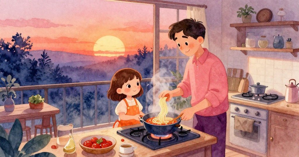 米婭和爸爸在溫馨廚房忙碌做麵條，爐火溫暖泡湯，展現期待晚餐的熱情，室內明亮而溫柔。