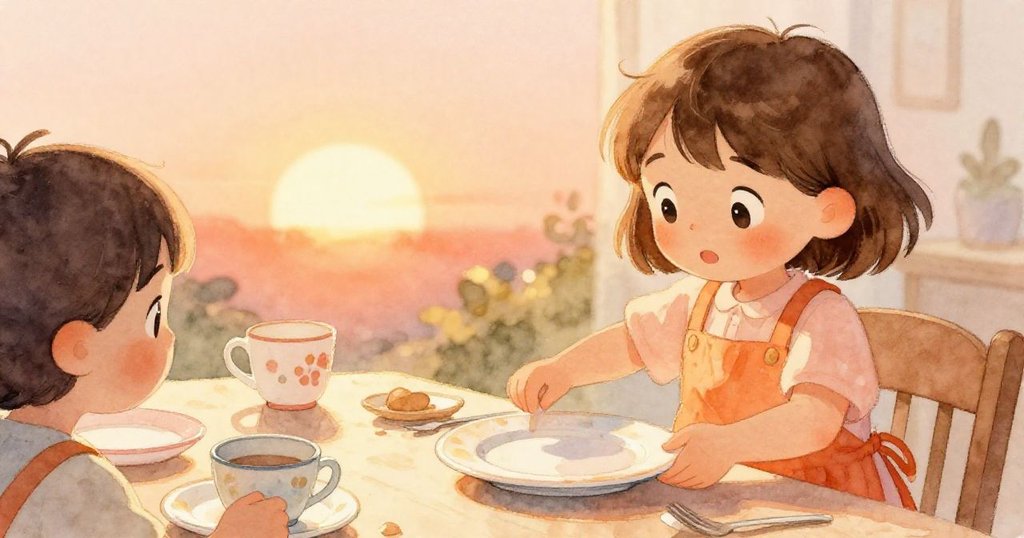 米婭專心擺放盤子及杯子，手上的溫柔動作彰顯晚餐前的準備，光線溫暖充滿家的氣息。