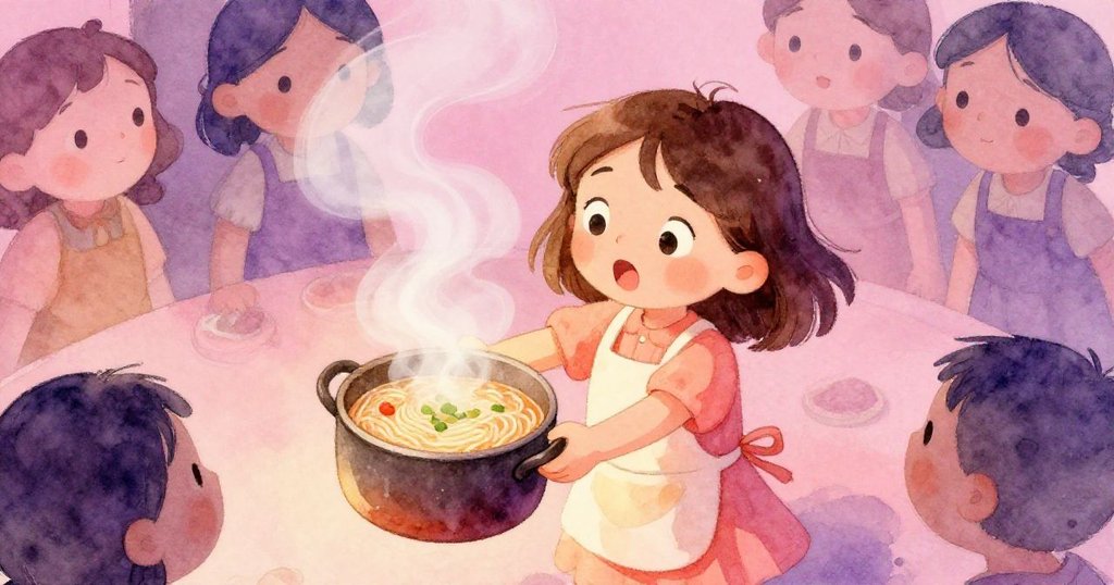 米婭仰望著冒著熱氣的麵鍋，蒸氣繚繞上升，她滿懷驚喜，從高角度展現溫馨而神奇的廚房時刻。