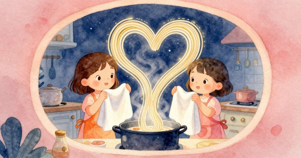 米婭在隱蔽的角落裡小心包裹毛巾，桌上麵條旋轉成心形，展現廚房中的秘密魔法時刻，情感溫柔而驚喜。