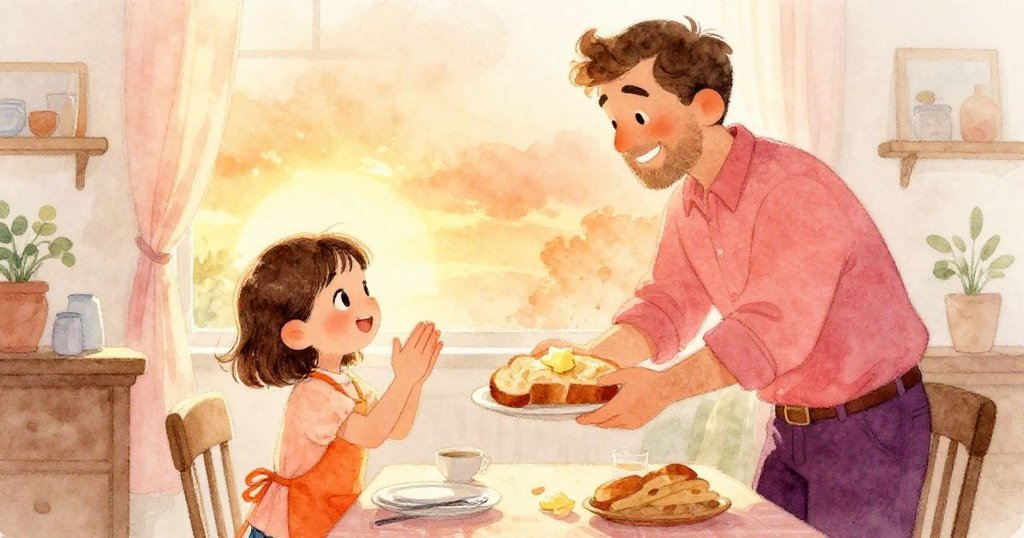 米婭歡欣鼓掌，爸爸端來溫暖奶油麵包，光影柔和映照出廚房慶祝晚餐的溫馨喜悅。