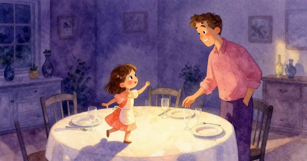 米婭與爸爸在柔光晚餐室內準備晚餐，桌上精心擺設的餐具和跳動陰影，傳達出寧靜與舒適的結局。