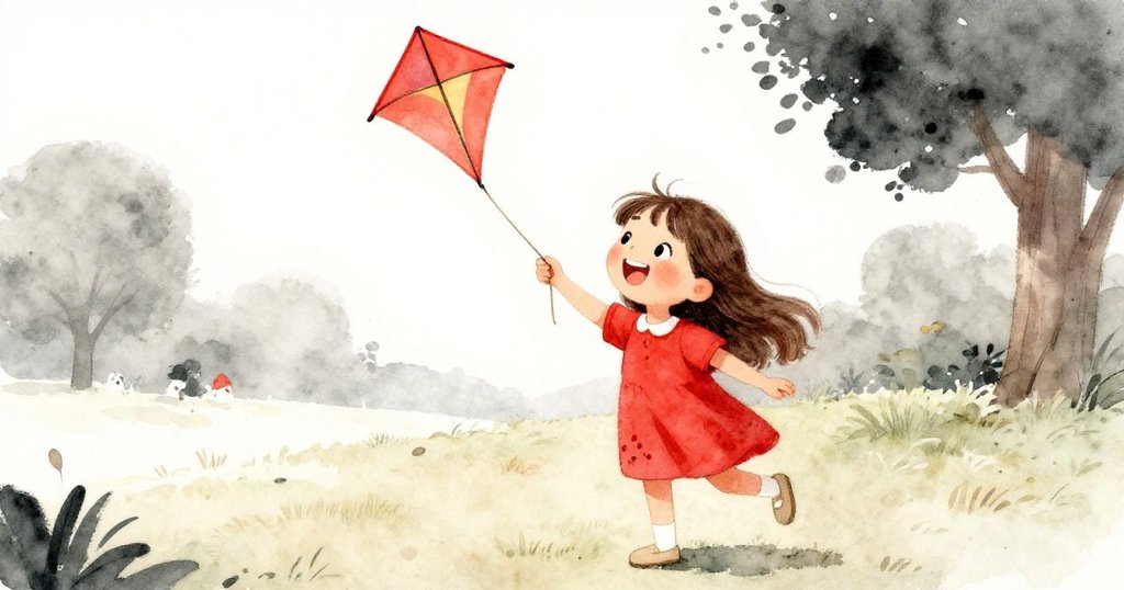 莉莉仔細凝望著象徵冒險的明亮風箏，手中緊握線，臉上充滿好奇與夢想。