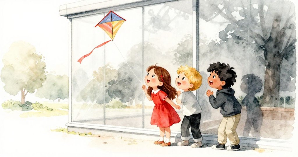 莉莉與朋友透過公園玻璃窗注視飛舞風箏，陽光灑下反映出風箏的色彩，臉上流露驚喜與好奇。