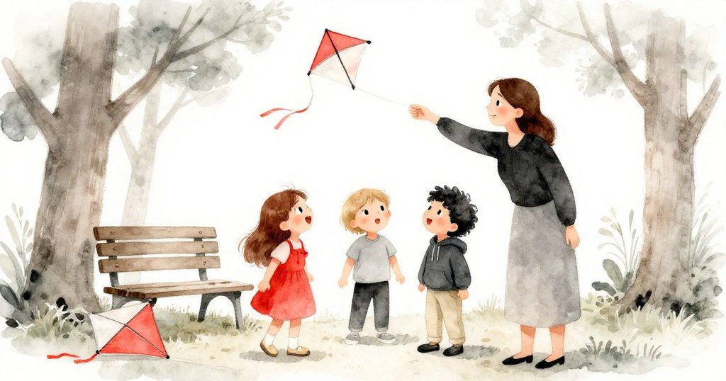 莉莉與朋友驚訝地看著風箏落在隱蔽長椅旁，樹影下，一位母親溫柔彎身准備拾起風箏，氛圍神秘靜謐。